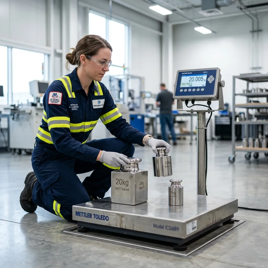Técnico da Prestécnica calibrando balança industrial com pesos padrão certificados
